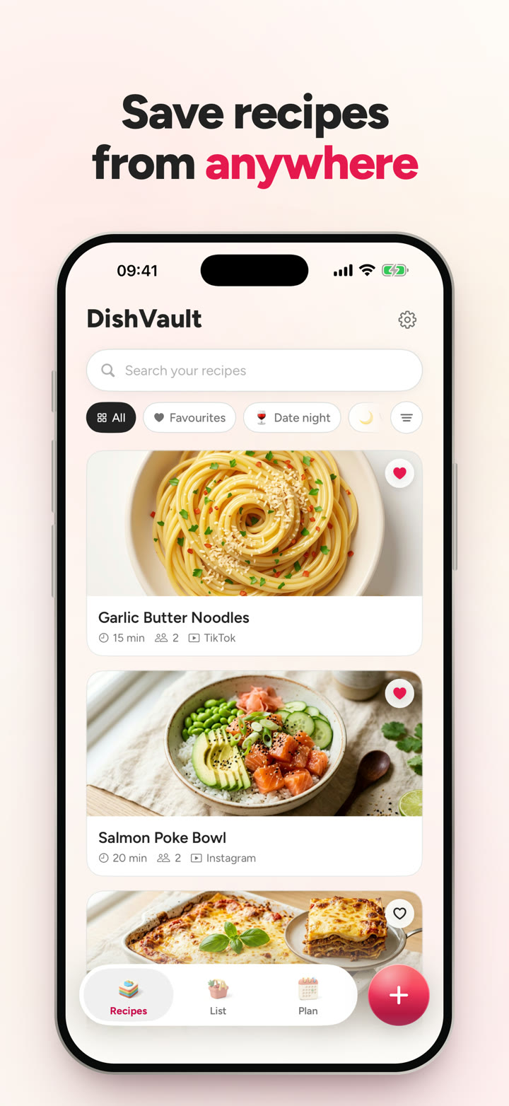 The DishVault library, with recipes saved from a video and a post