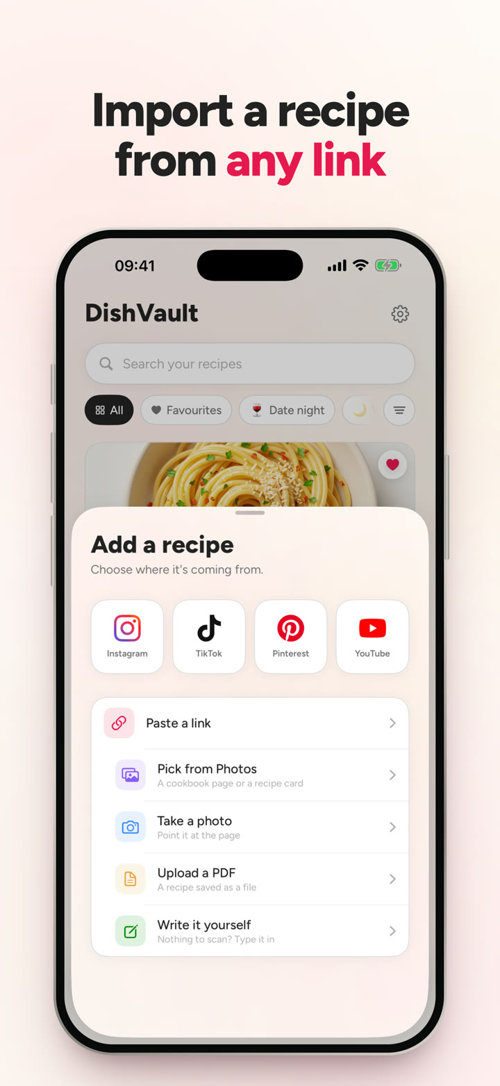 Adding a recipe from a link, a photo, a PDF or by hand